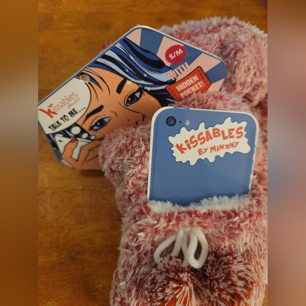 Kissables by MinxNY Fuzzy Socks with phone pocket bottom grippies Non Slip Red